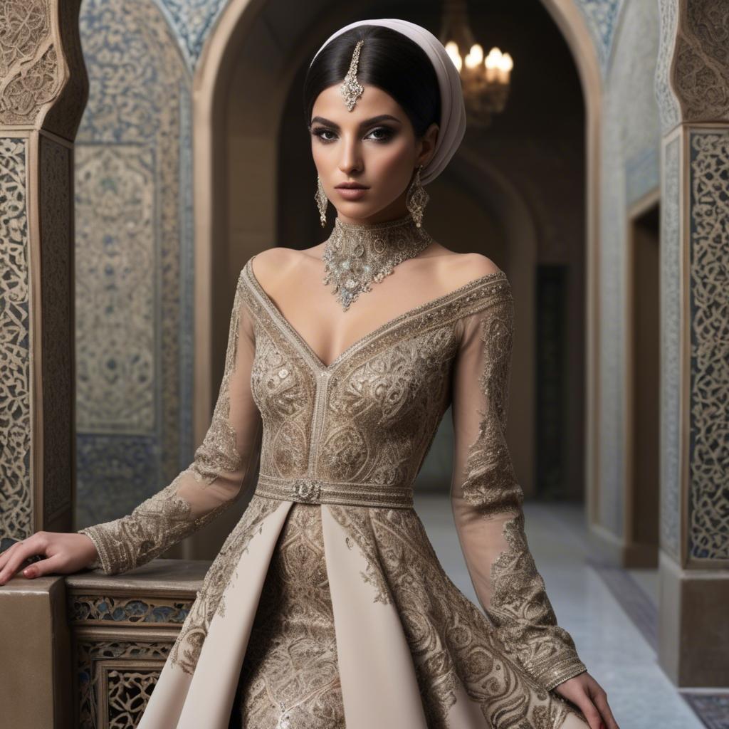 A stunning image of iranian elegance in a high-fashion gown enriched by subtle middle eastern motifs.