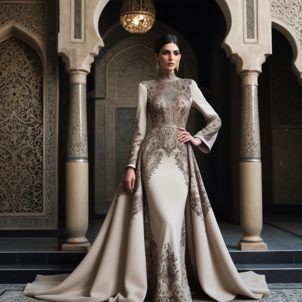 A stunning image of iranian elegance in a high-fashion gown enriched by subtle middle eastern motifs.