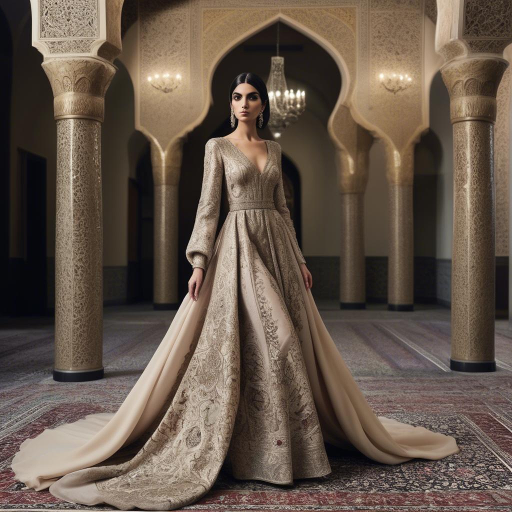 A stunning image of iranian elegance in a high-fashion gown enriched by subtle middle eastern motifs.