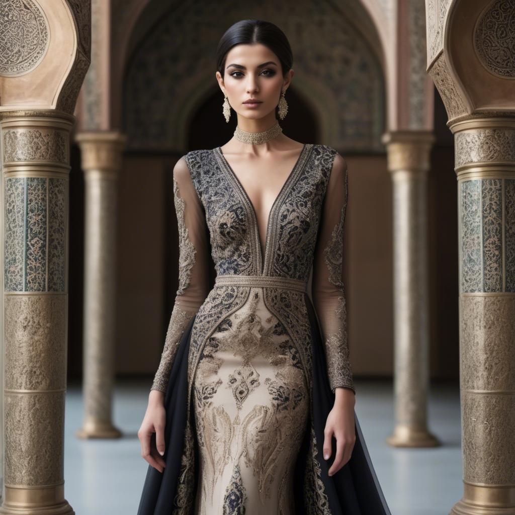 A stunning image of iranian elegance in a high-fashion gown enriched by subtle middle eastern motifs.