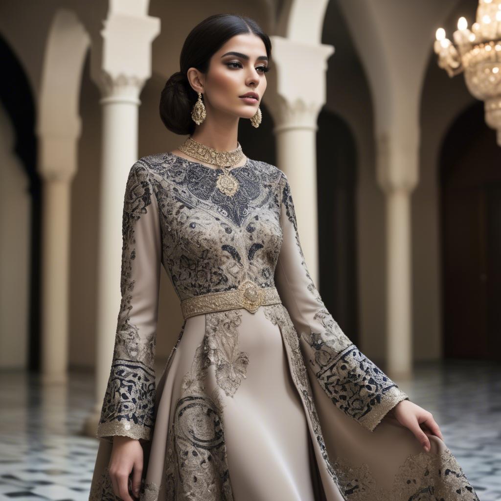 A stunning image of iranian elegance in a high-fashion gown enriched by subtle middle eastern motifs.