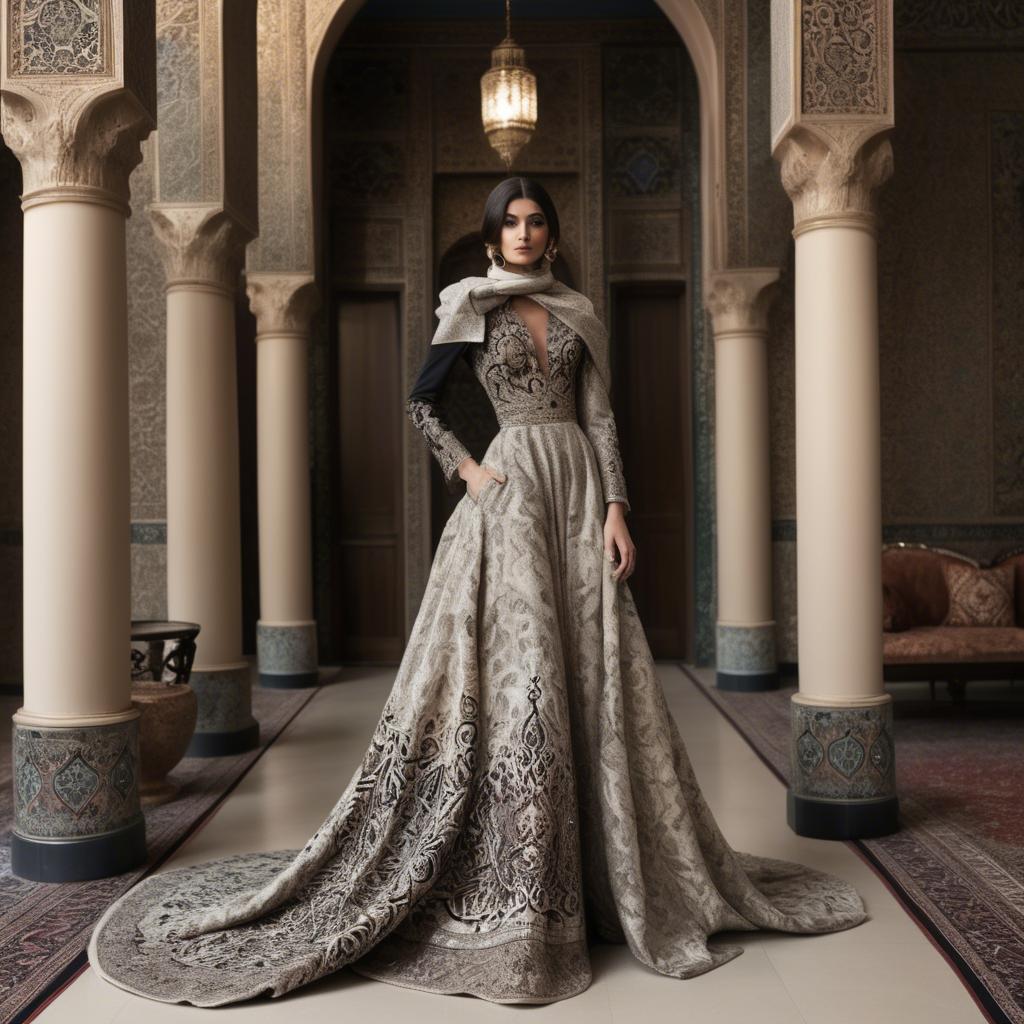 A stunning image of iranian elegance in a high-fashion gown enriched by subtle middle eastern motifs.