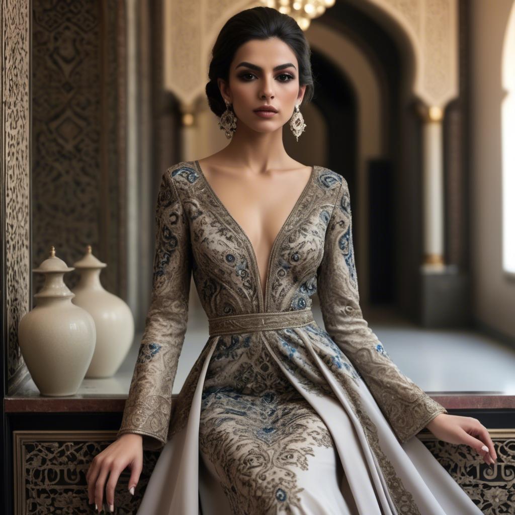 A stunning image of iranian elegance in a high-fashion gown enriched by subtle middle eastern motifs.