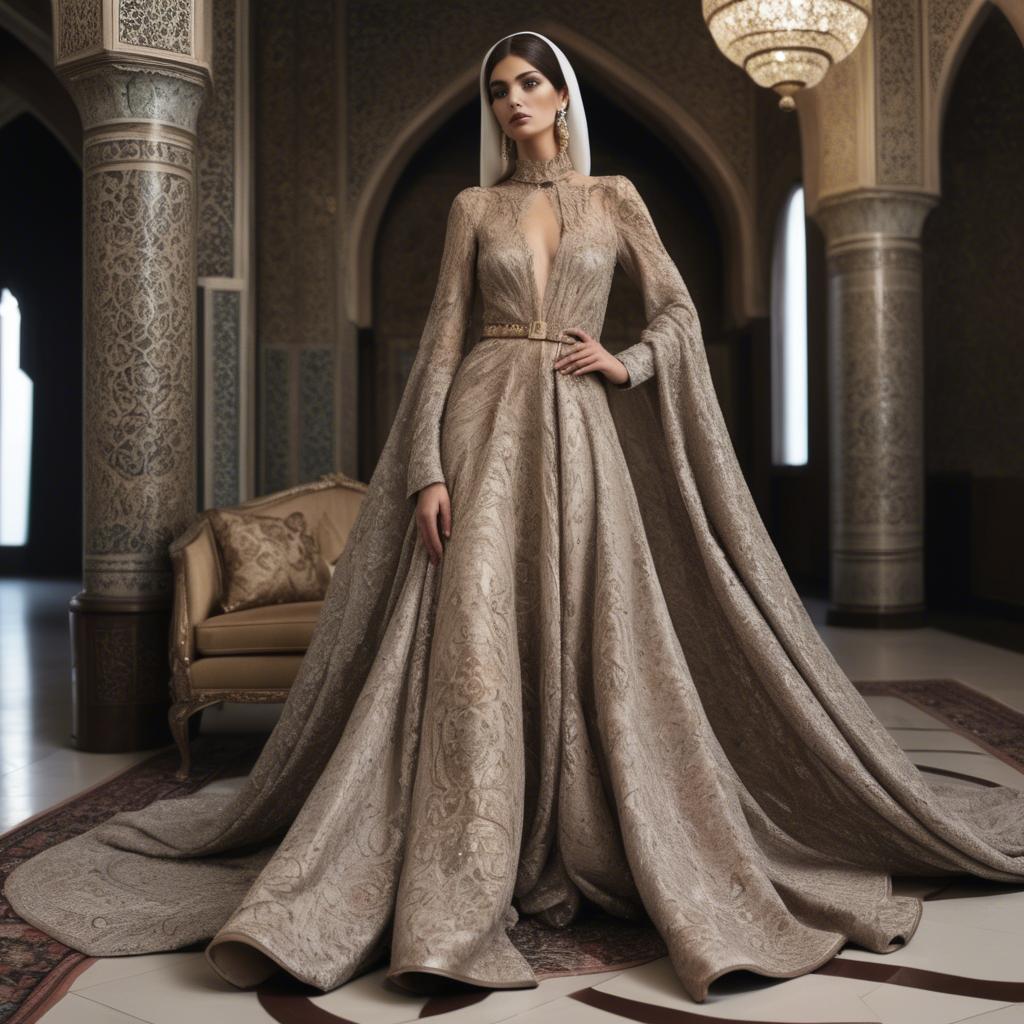 A stunning image of iranian elegance in a high-fashion gown enriched by subtle middle eastern motifs.
