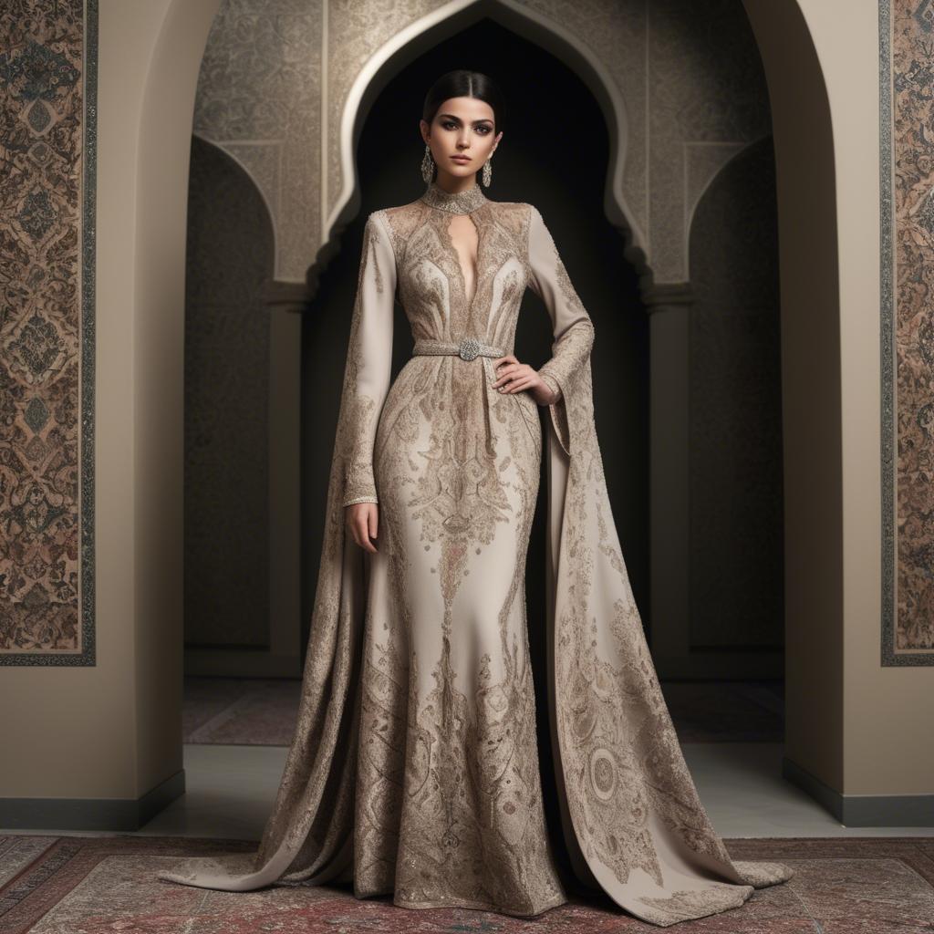 A stunning image of iranian elegance in a high-fashion gown enriched by subtle middle eastern motifs.