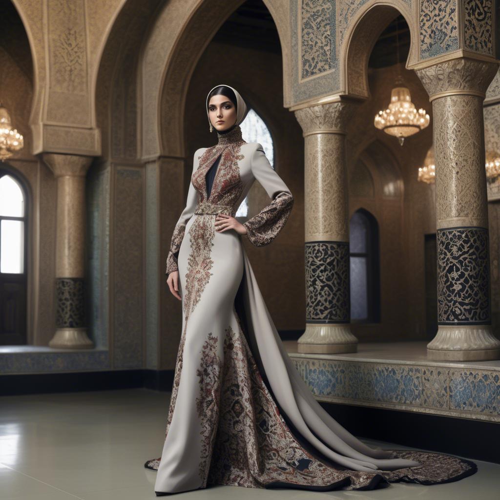 A stunning image of iranian elegance in a high-fashion gown enriched by subtle middle eastern motifs.