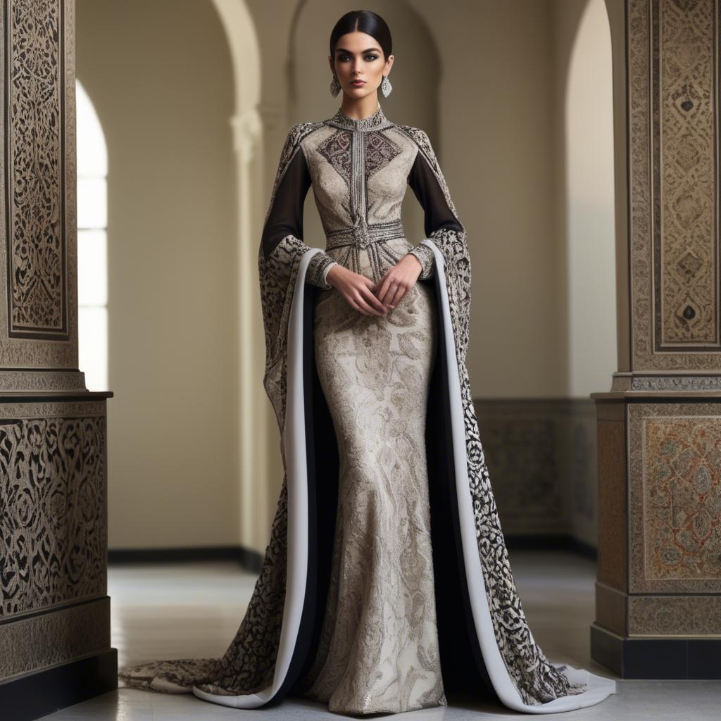 A stunning image of iranian elegance in a high-fashion gown enriched by subtle middle eastern motifs.