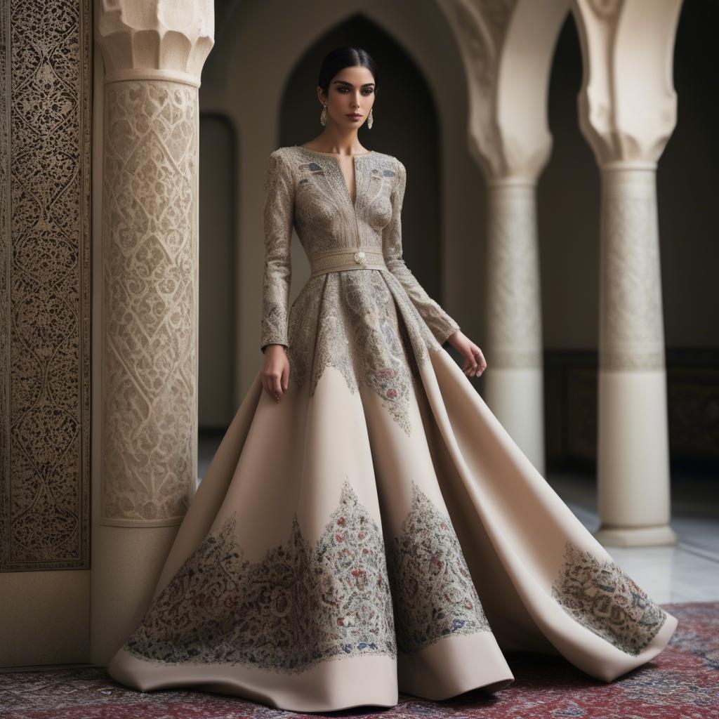 A stunning image of iranian elegance in a high-fashion gown enriched by subtle middle eastern motifs.