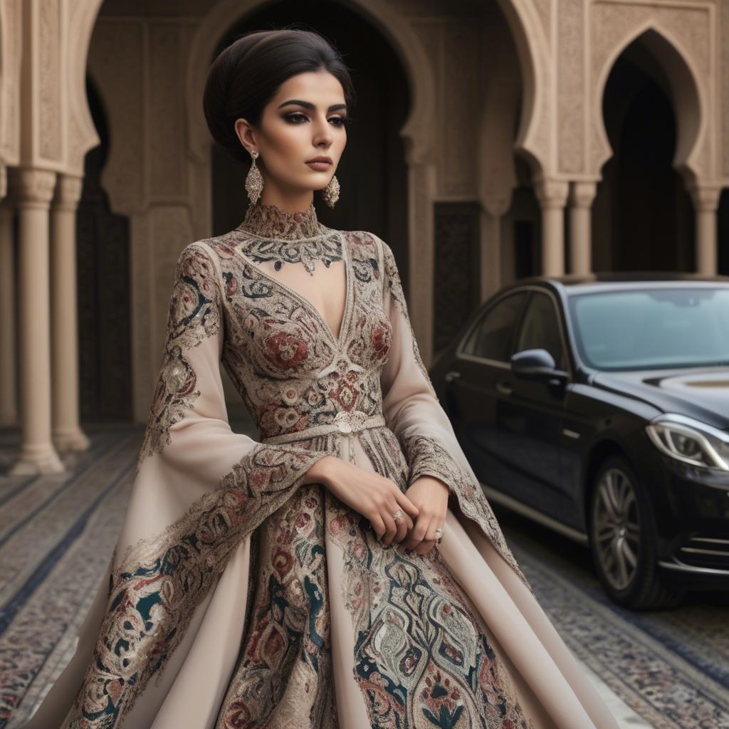 A stunning image of iranian elegance in a high-fashion gown enriched by subtle middle eastern motifs.