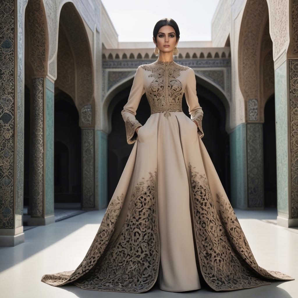 A stunning image of iranian elegance in a high-fashion gown enriched by subtle middle eastern motifs.