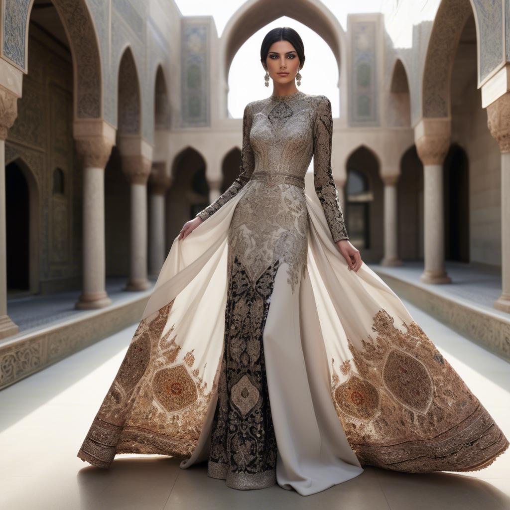 A stunning image of iranian elegance in a high-fashion gown enriched by subtle middle eastern motifs.