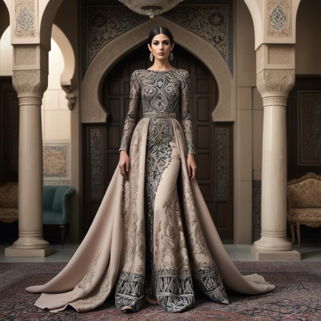 A stunning image of iranian elegance in a high-fashion gown enriched by subtle middle eastern motifs.
