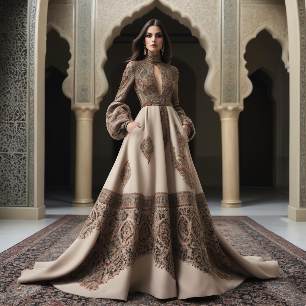 A stunning image of iranian elegance in a high-fashion gown enriched by subtle middle eastern motifs.