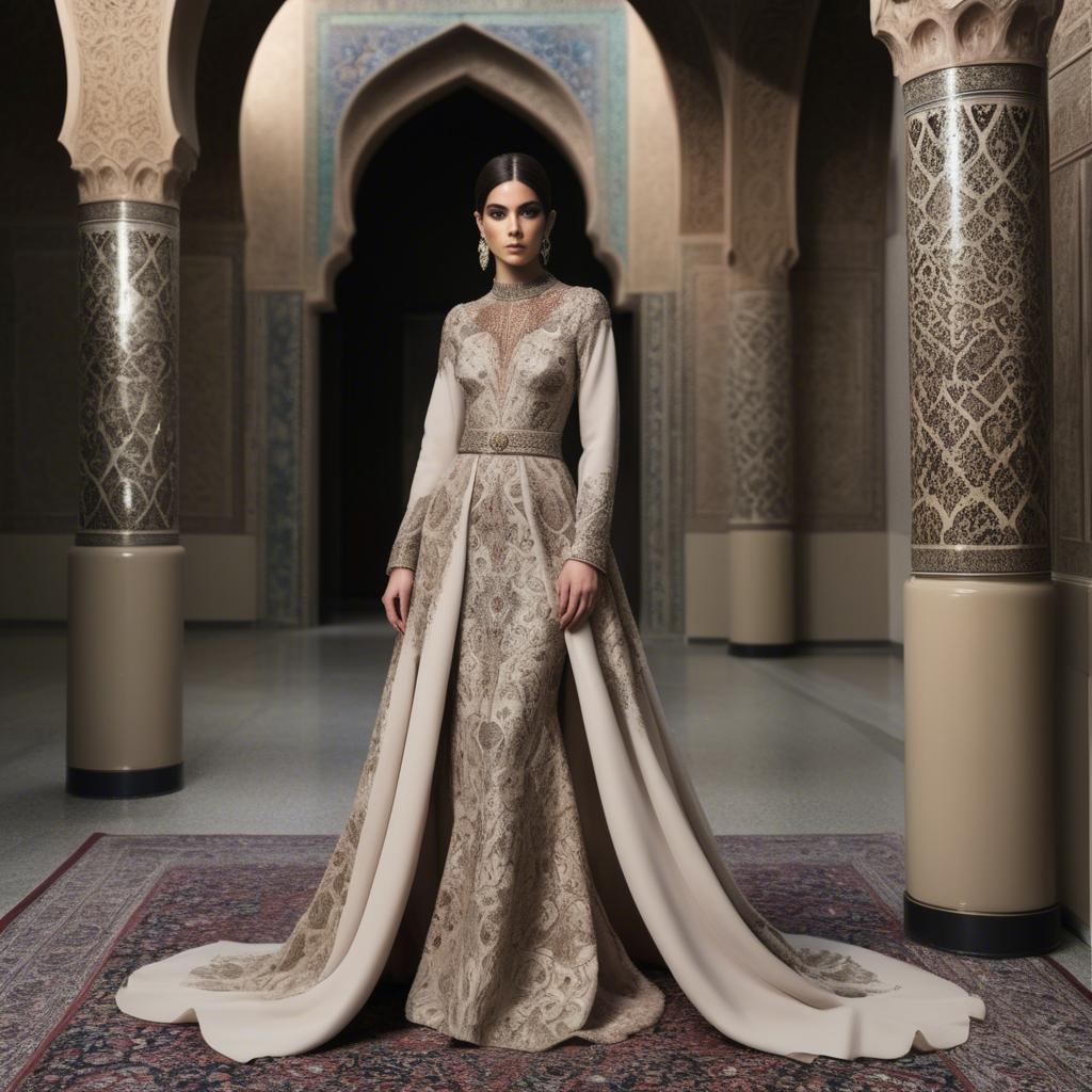A stunning image of iranian elegance in a high-fashion gown enriched by subtle middle eastern motifs.