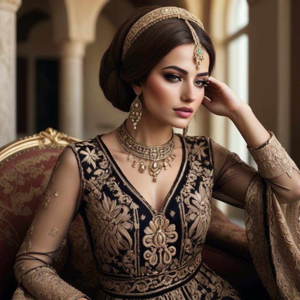 A stunning image of iraqi beauty with luxurious embroidered fashion photographed in a warm opulent setting.
