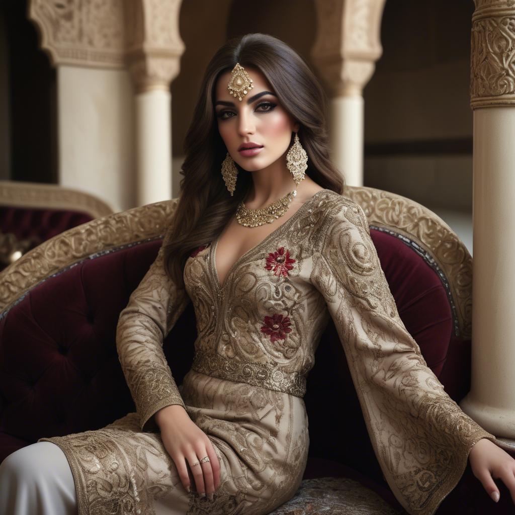 A stunning image of iraqi beauty with luxurious embroidered fashion photographed in a warm opulent setting.