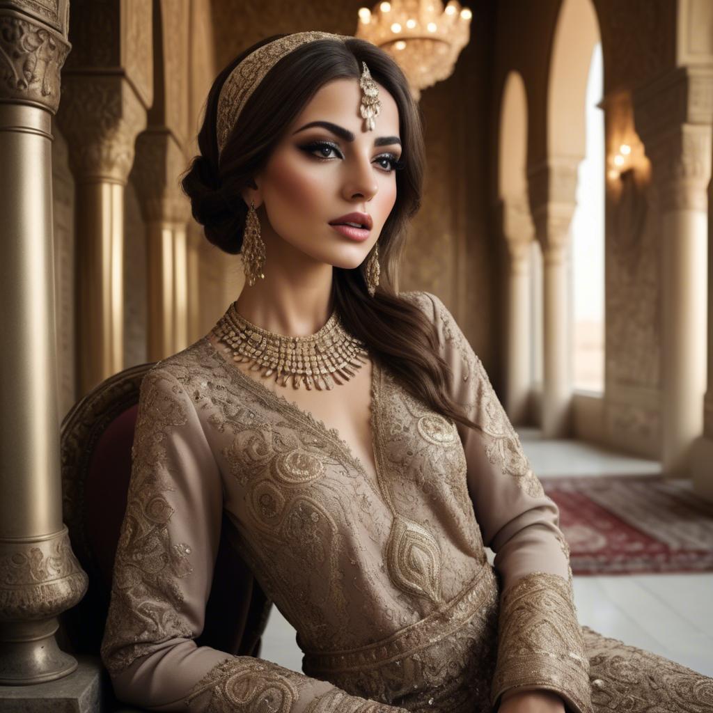 A stunning image of iraqi beauty with luxurious embroidered fashion photographed in a warm opulent setting.