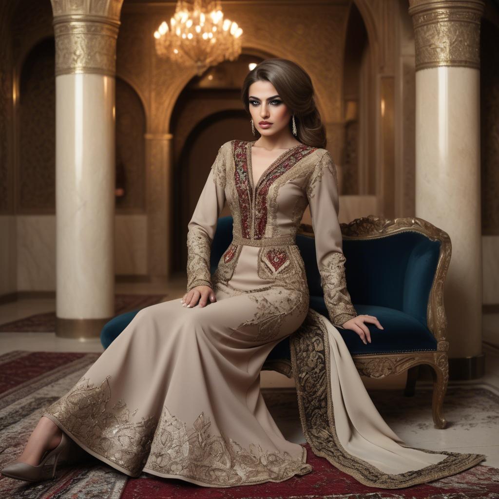 A stunning image of iraqi beauty with luxurious embroidered fashion photographed in a warm opulent setting.
