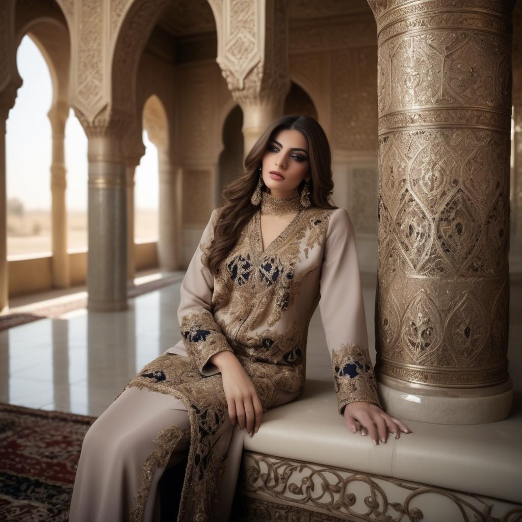 A stunning image of iraqi beauty with luxurious embroidered fashion photographed in a warm opulent setting.