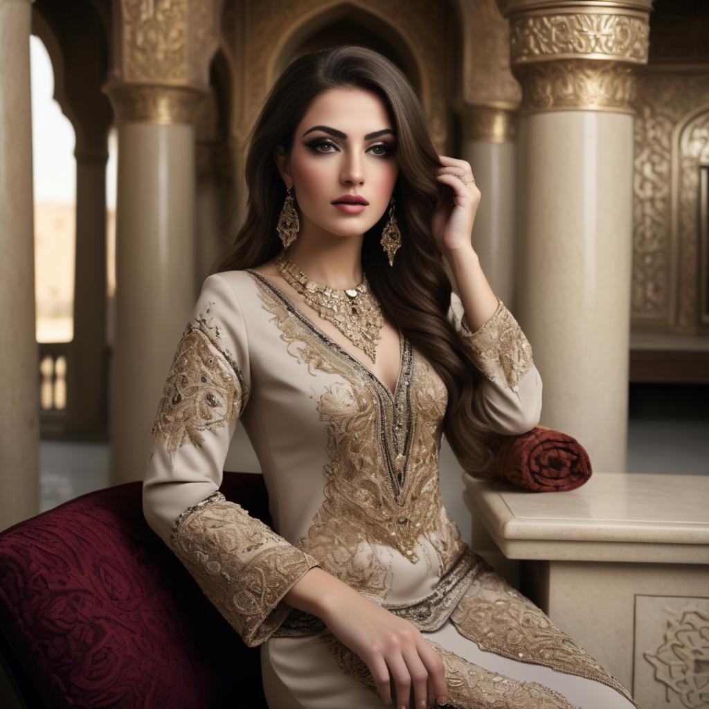 A stunning image of iraqi beauty with luxurious embroidered fashion photographed in a warm opulent setting.