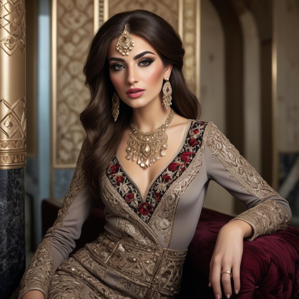 A stunning image of iraqi beauty with luxurious embroidered fashion photographed in a warm opulent setting.