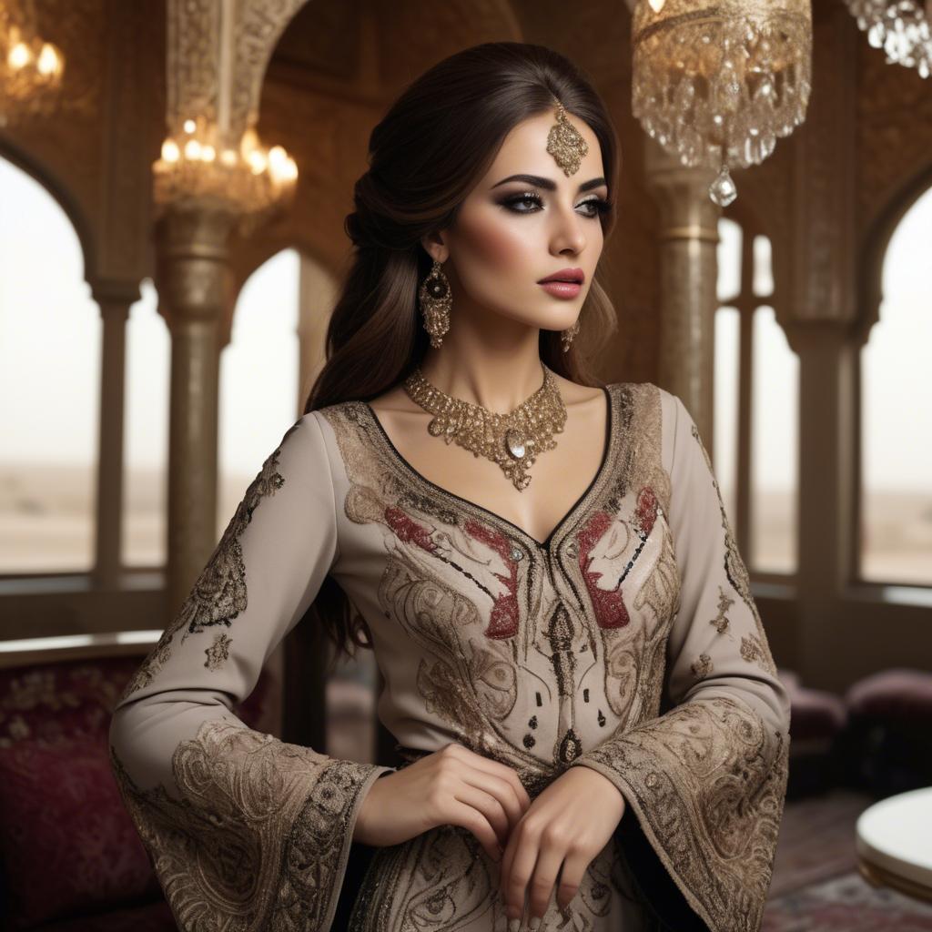 A stunning image of iraqi beauty with luxurious embroidered fashion photographed in a warm opulent setting.