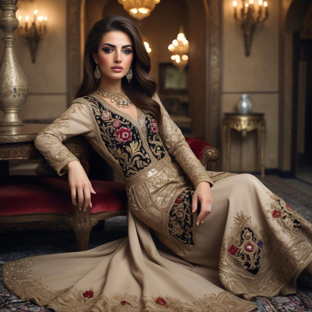 A stunning image of iraqi beauty with luxurious embroidered fashion photographed in a warm opulent setting.