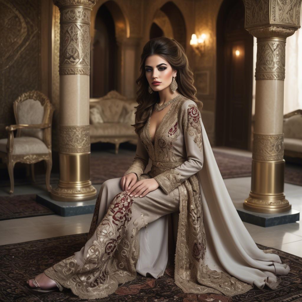 A stunning image of iraqi beauty with luxurious embroidered fashion photographed in a warm opulent setting.