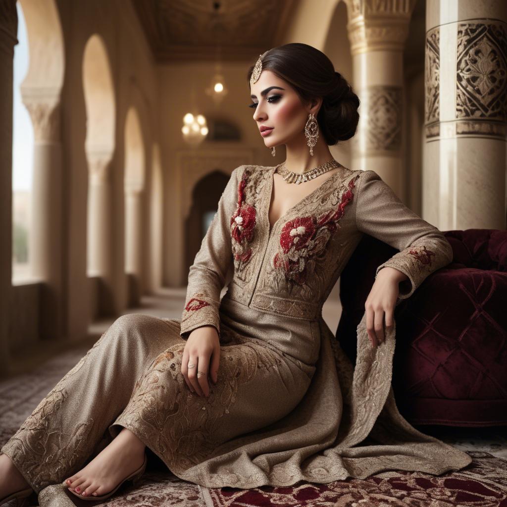 A stunning image of iraqi beauty with luxurious embroidered fashion photographed in a warm opulent setting.