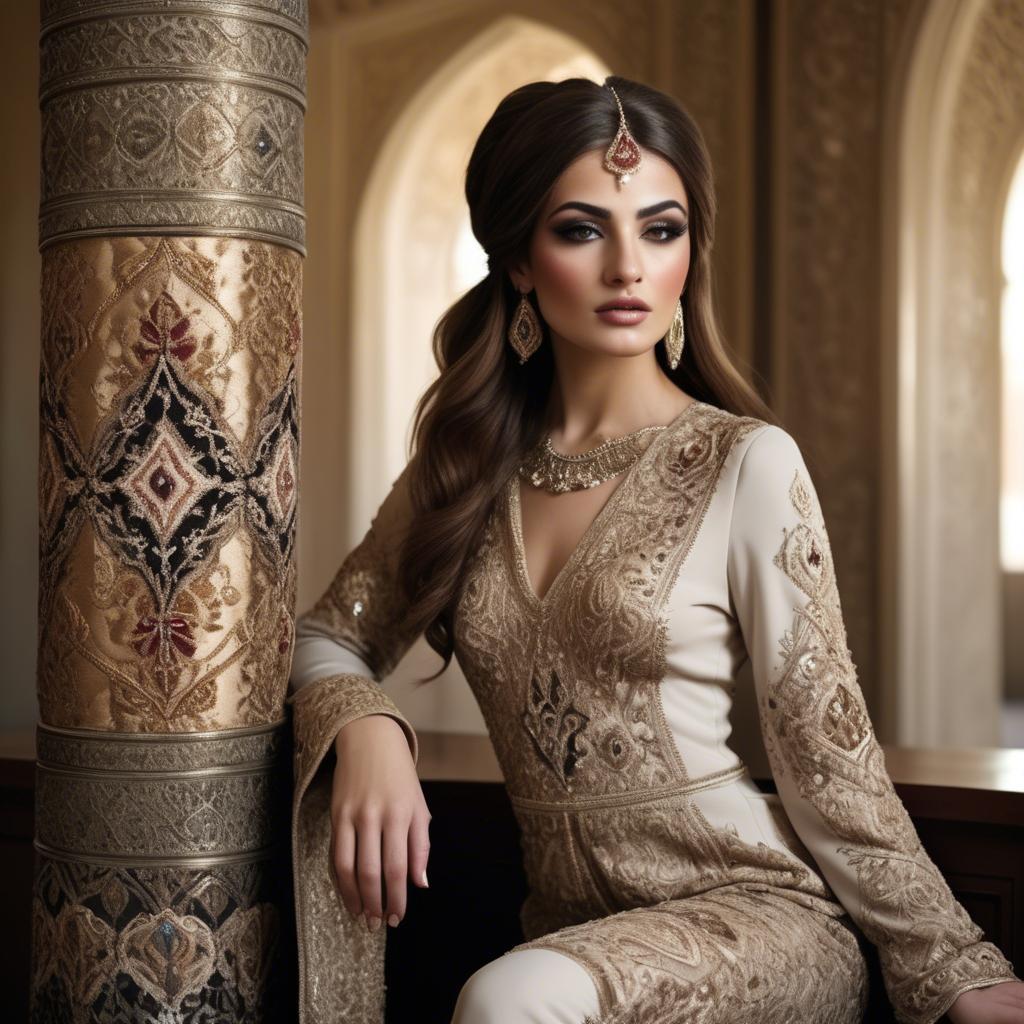 A stunning image of iraqi beauty with luxurious embroidered fashion photographed in a warm opulent setting.