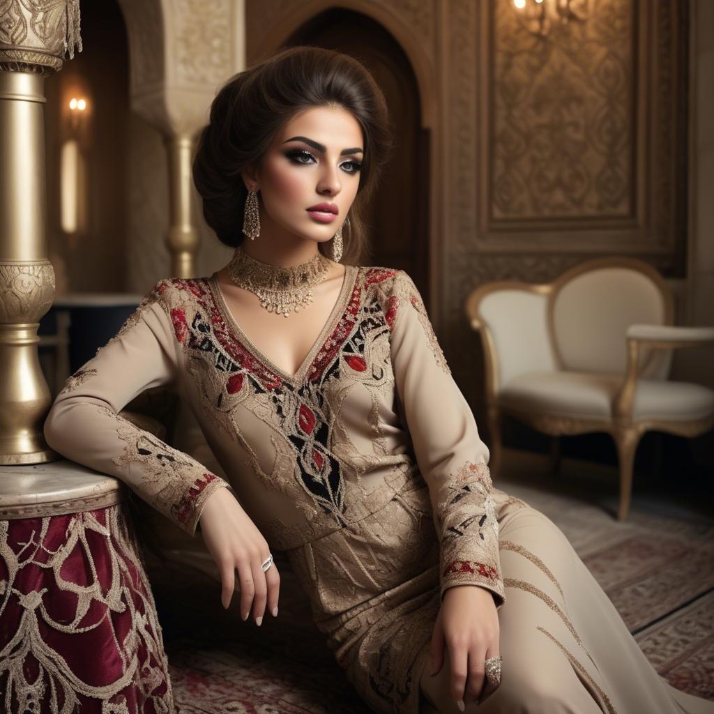 A stunning image of iraqi beauty with luxurious embroidered fashion photographed in a warm opulent setting.