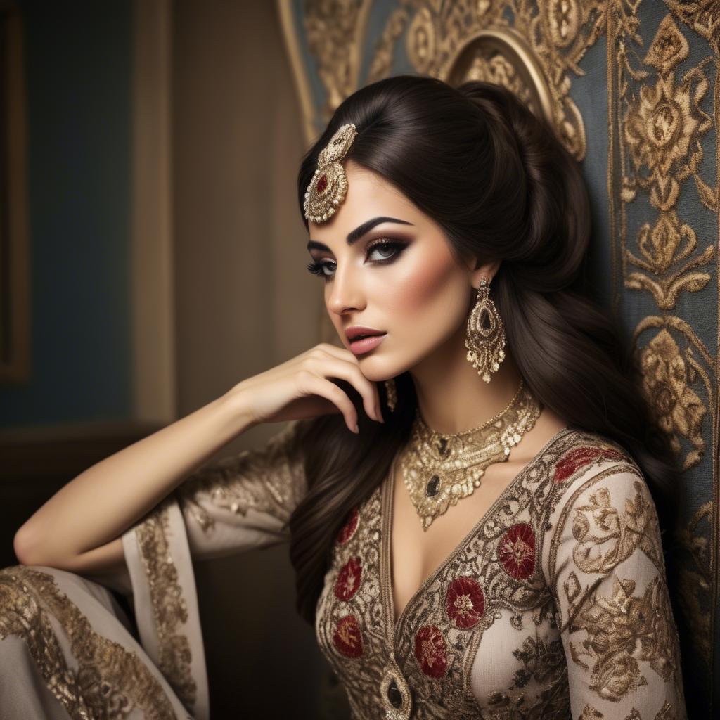 A stunning image of iraqi beauty with luxurious embroidered fashion photographed in a warm opulent setting.