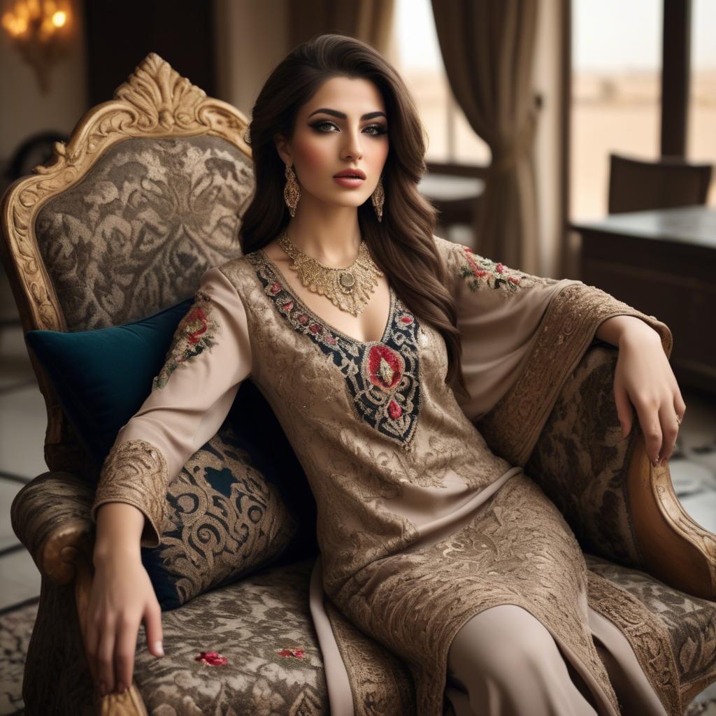 A stunning image of iraqi beauty with luxurious embroidered fashion photographed in a warm opulent setting.