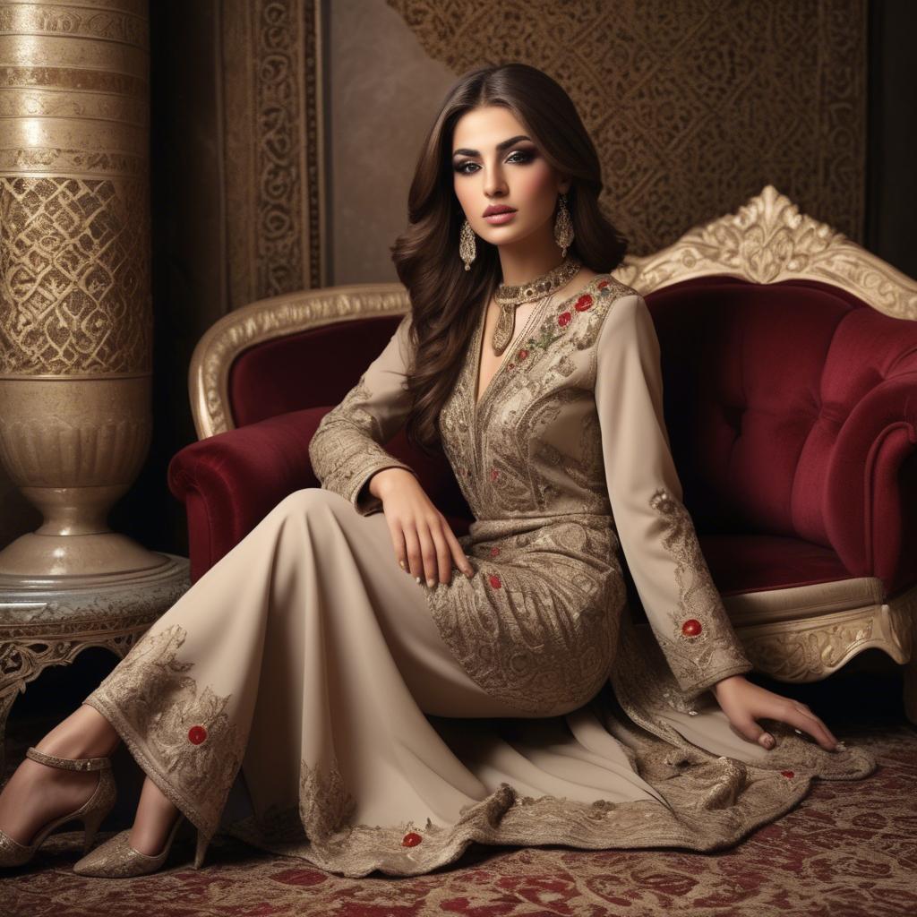 A stunning image of iraqi beauty with luxurious embroidered fashion photographed in a warm opulent setting.