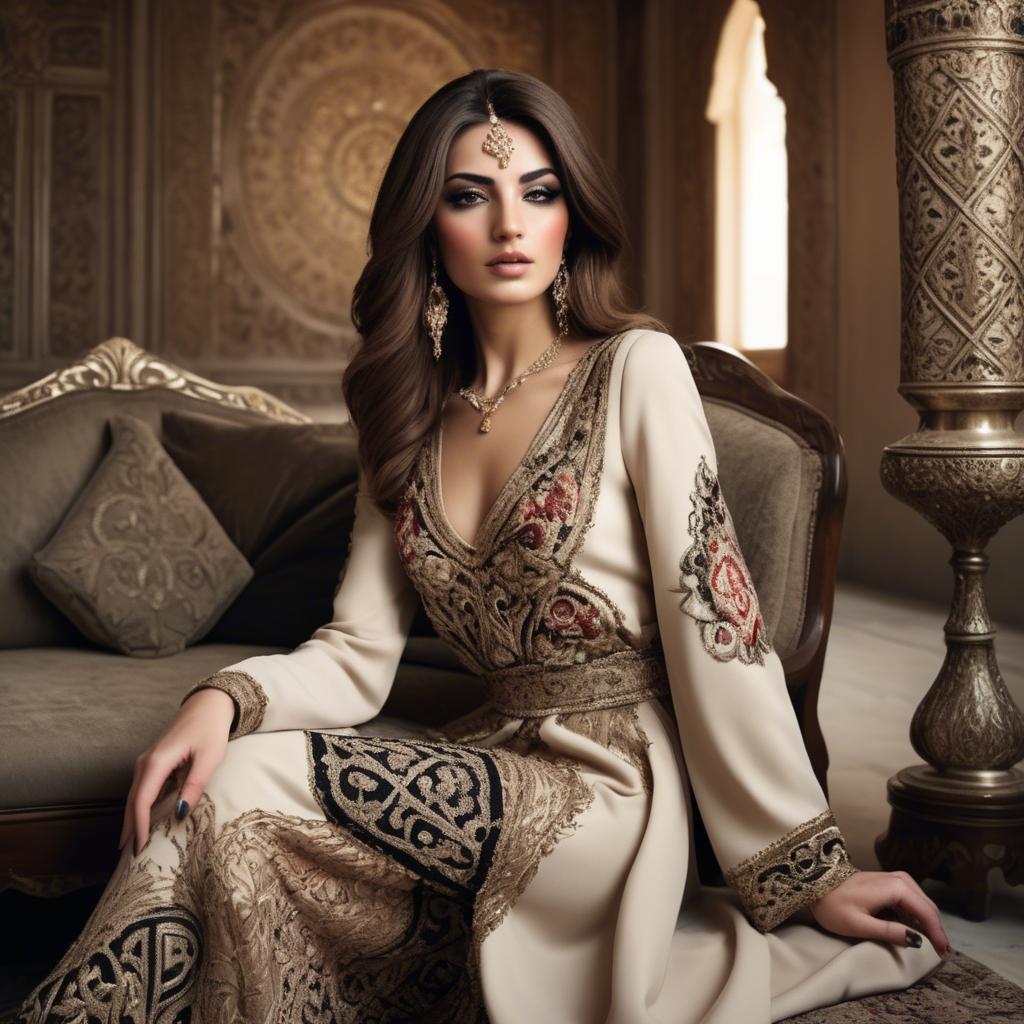 A stunning image of iraqi beauty with luxurious embroidered fashion photographed in a warm opulent setting.
