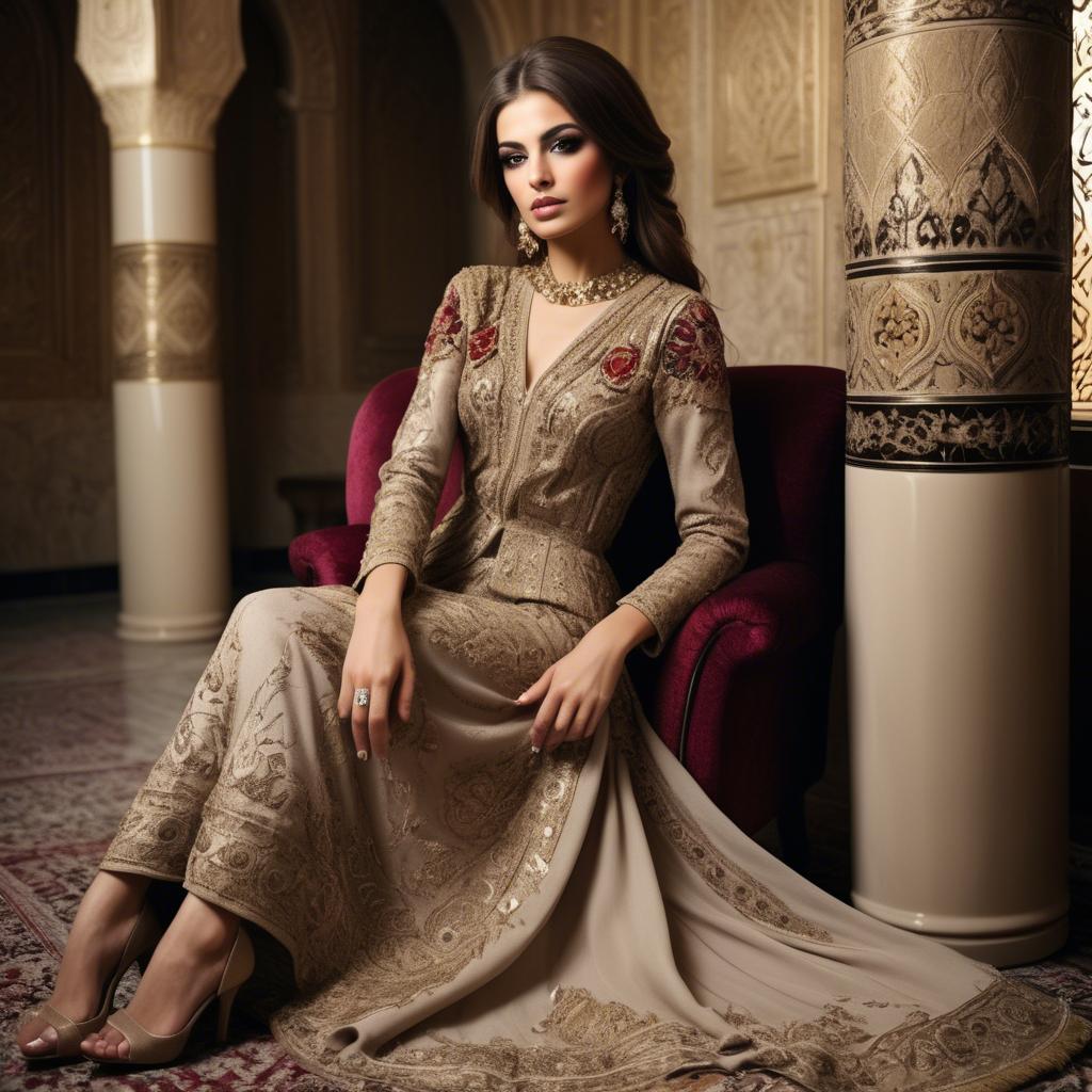 A stunning image of iraqi beauty with luxurious embroidered fashion photographed in a warm opulent setting.