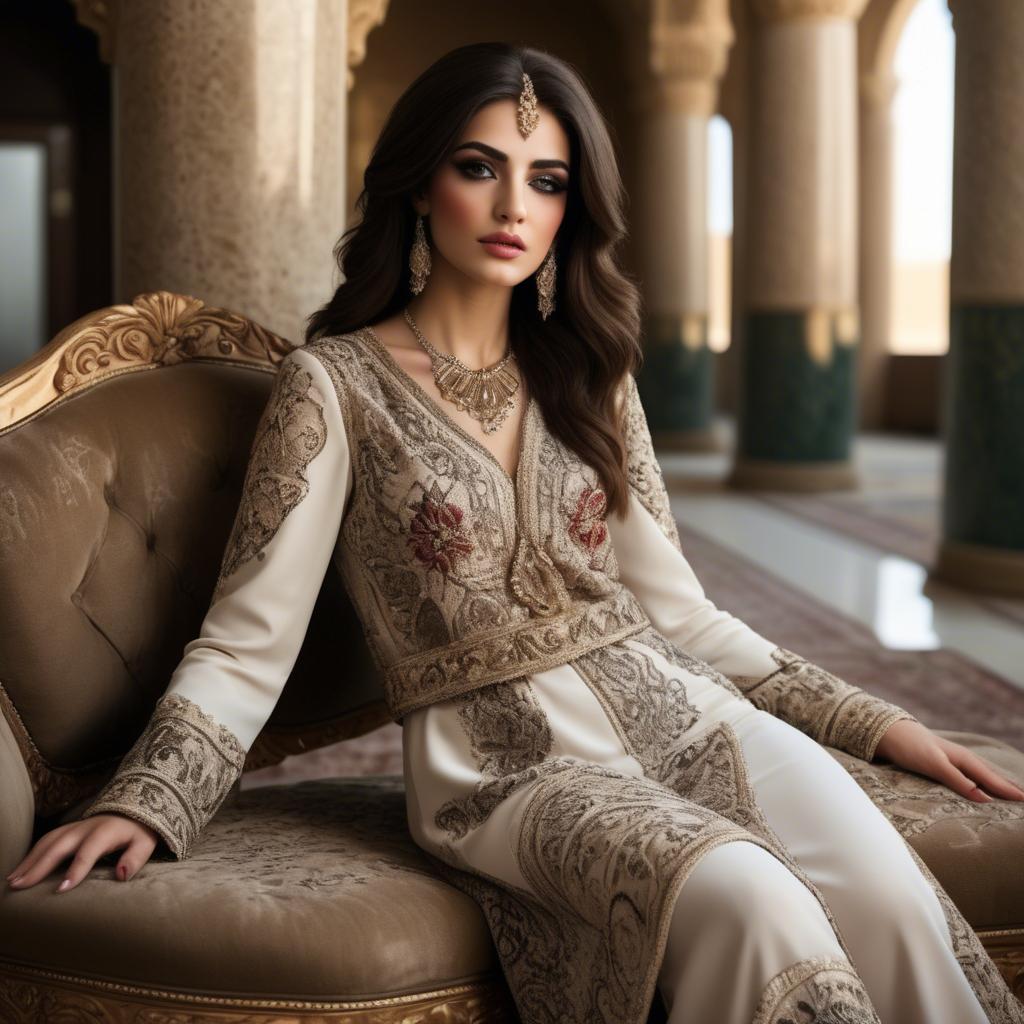 A stunning image of iraqi beauty with luxurious embroidered fashion photographed in a warm opulent setting.