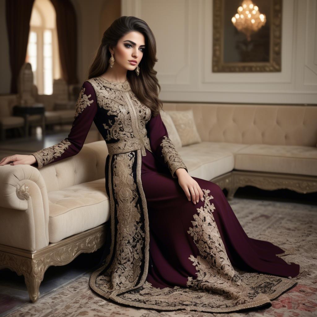 A stunning image of iraqi beauty with luxurious embroidered fashion photographed in a warm opulent setting.