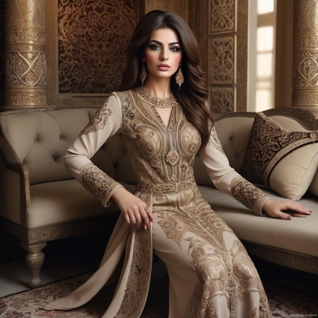 A stunning image of iraqi beauty with luxurious embroidered fashion photographed in a warm opulent setting.