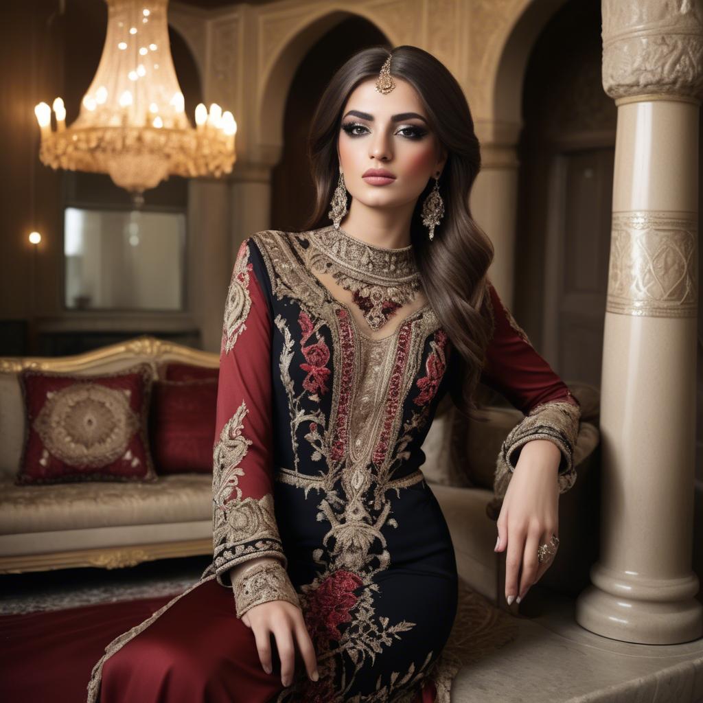 A stunning image of iraqi beauty with luxurious embroidered fashion photographed in a warm opulent setting.