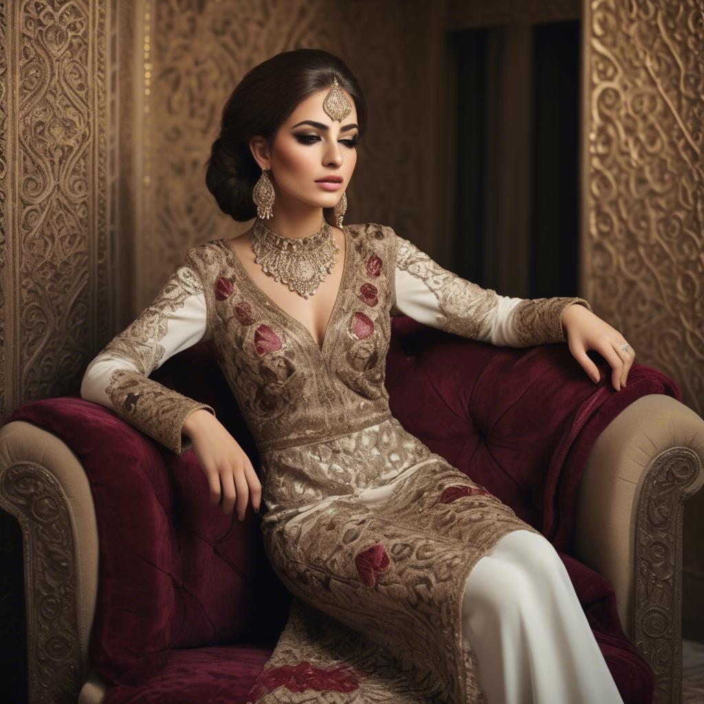 A stunning image of iraqi beauty with luxurious embroidered fashion photographed in a warm opulent setting.