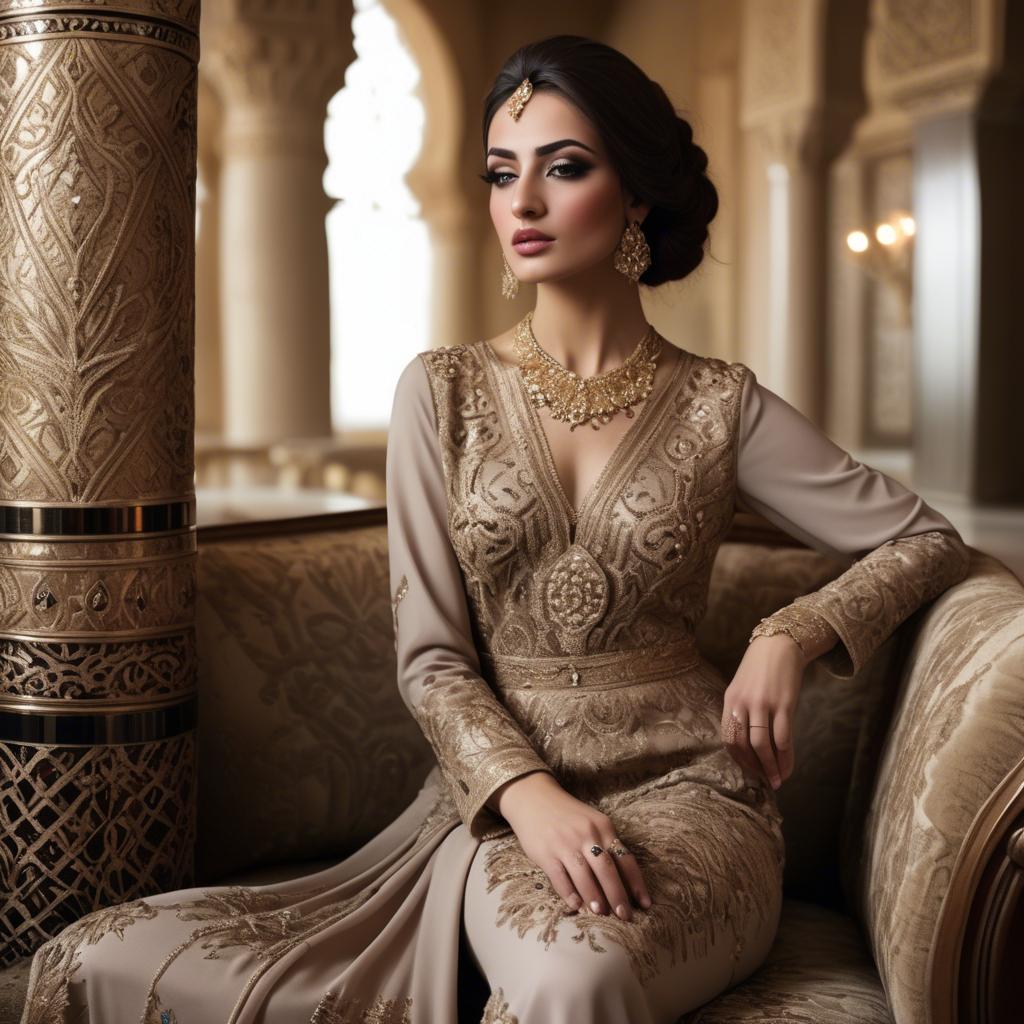 A stunning image of iraqi beauty with luxurious embroidered fashion photographed in a warm opulent setting.