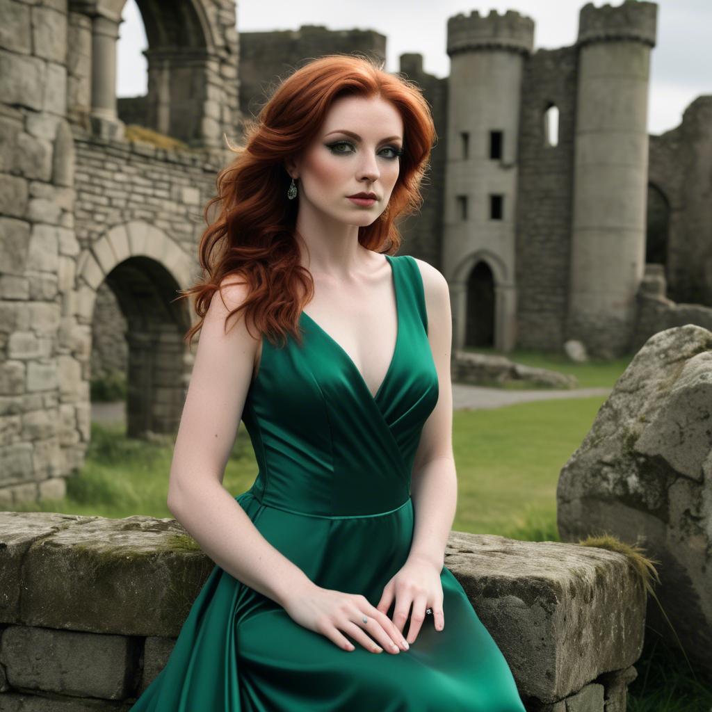 A stunning image of irish muse with auburn hair wearing an emerald satin gown against ancient castle ruins.
