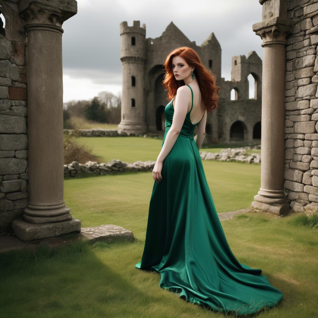 A stunning image of irish muse with auburn hair wearing an emerald satin gown against ancient castle ruins.