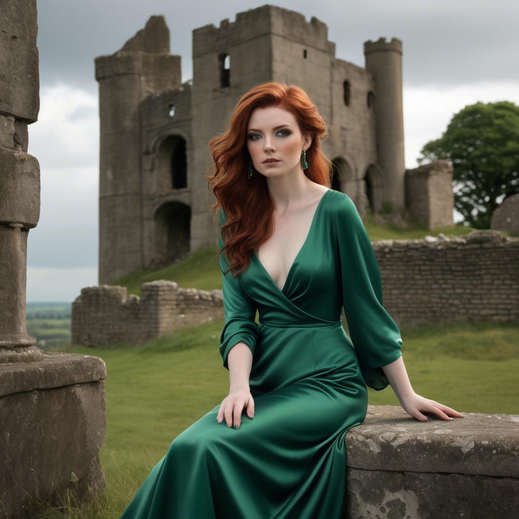 A stunning image of irish muse with auburn hair wearing an emerald satin gown against ancient castle ruins.