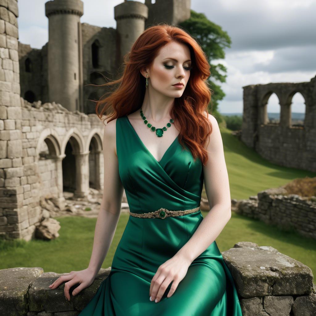 A stunning image of irish muse with auburn hair wearing an emerald satin gown against ancient castle ruins.