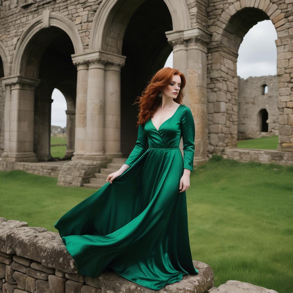 A stunning image of irish muse with auburn hair wearing an emerald satin gown against ancient castle ruins.