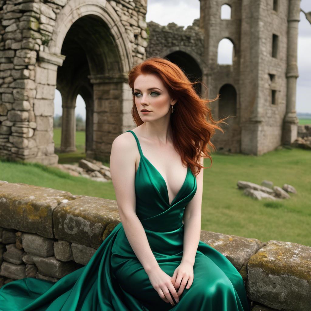 A stunning image of irish muse with auburn hair wearing an emerald satin gown against ancient castle ruins.