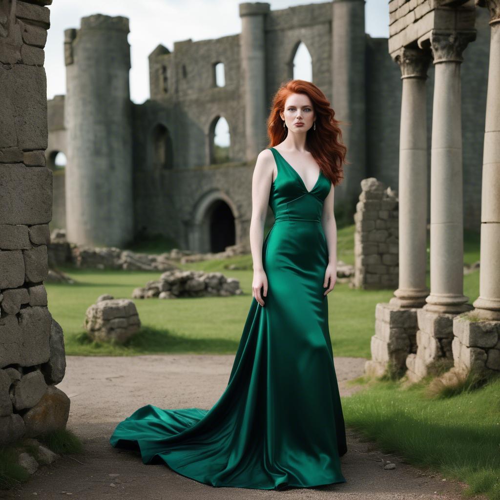 A stunning image of irish muse with auburn hair wearing an emerald satin gown against ancient castle ruins.
