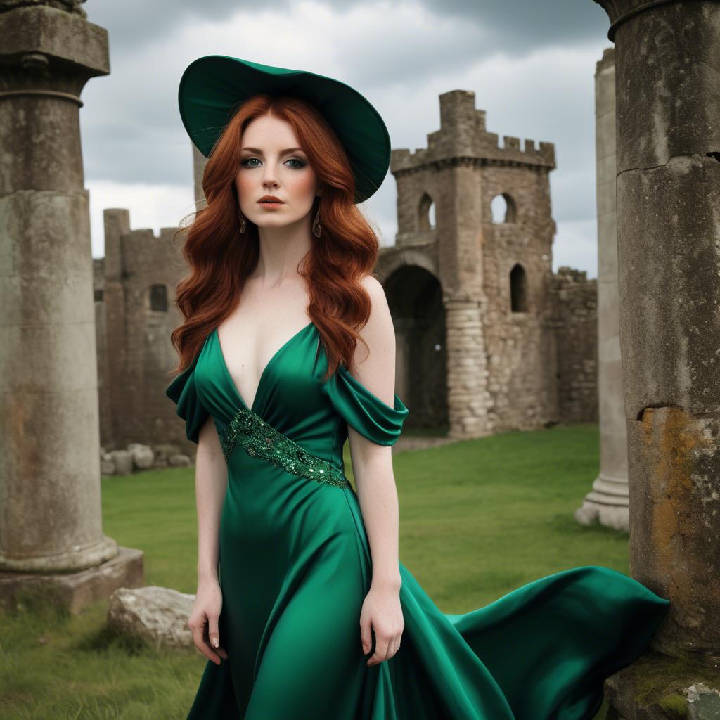 A stunning image of irish muse with auburn hair wearing an emerald satin gown against ancient castle ruins.